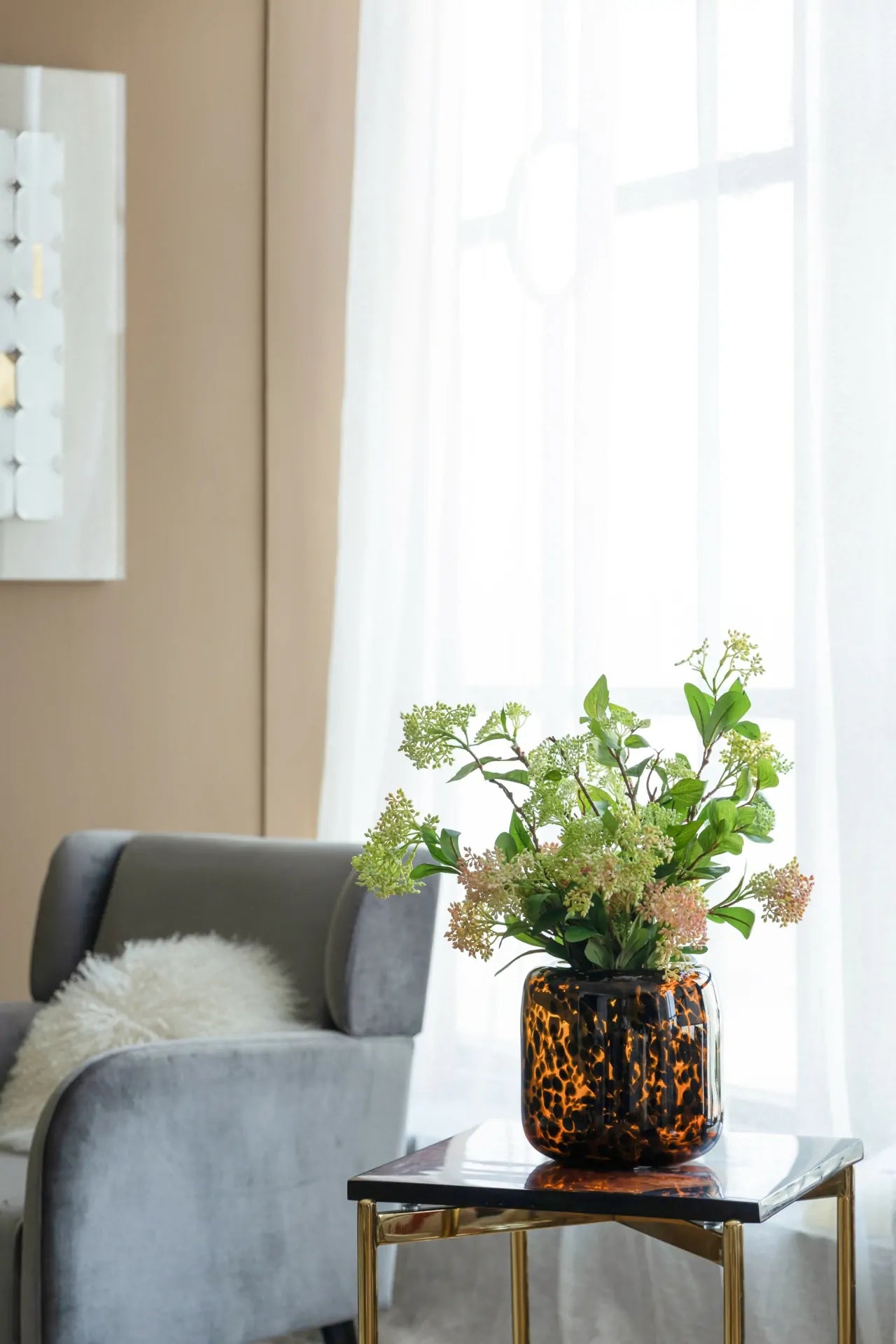 Brown and Amber Cheetah Print Glass Vase 7.9 Inch Short Cylinder Planter