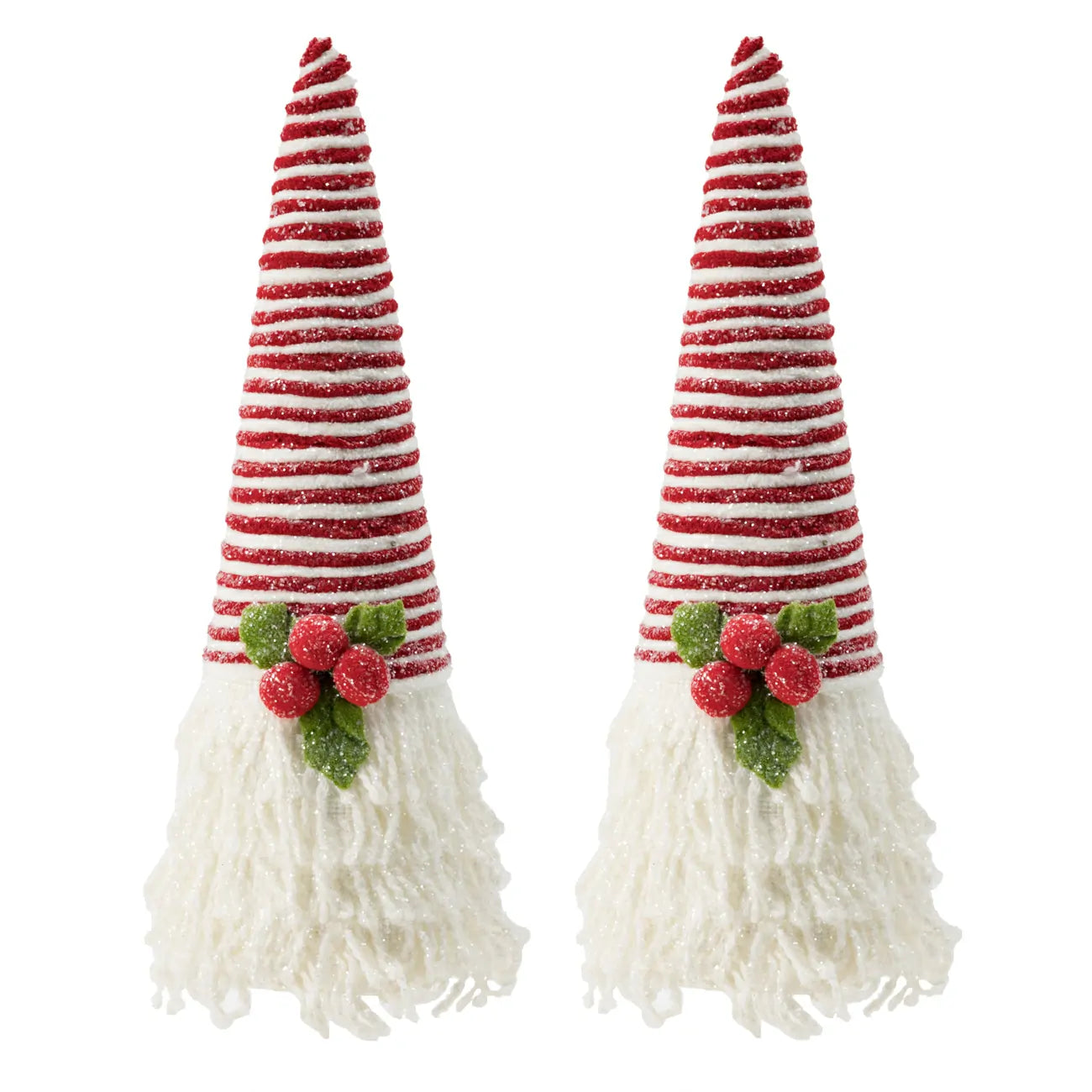 Christmas Yarn Cones Red White Frosted with Holly Berry Decor 2Pack