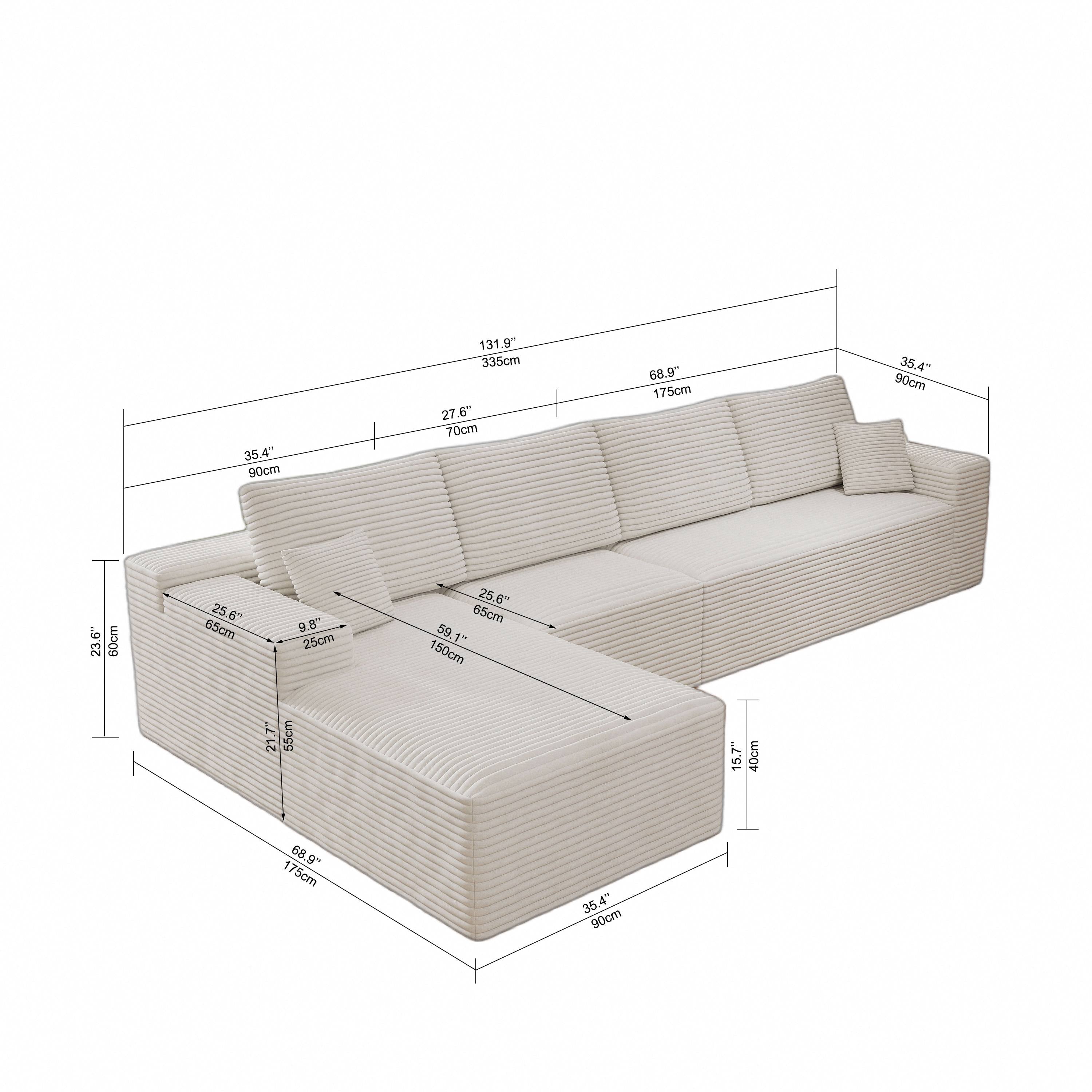 Corduroy Sectional Sofa L-Shape Chaise Boneless Pet-Friendly Couch