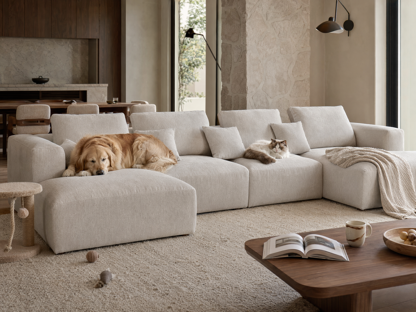 A customer relaxing with his dog on a Valyou sofa