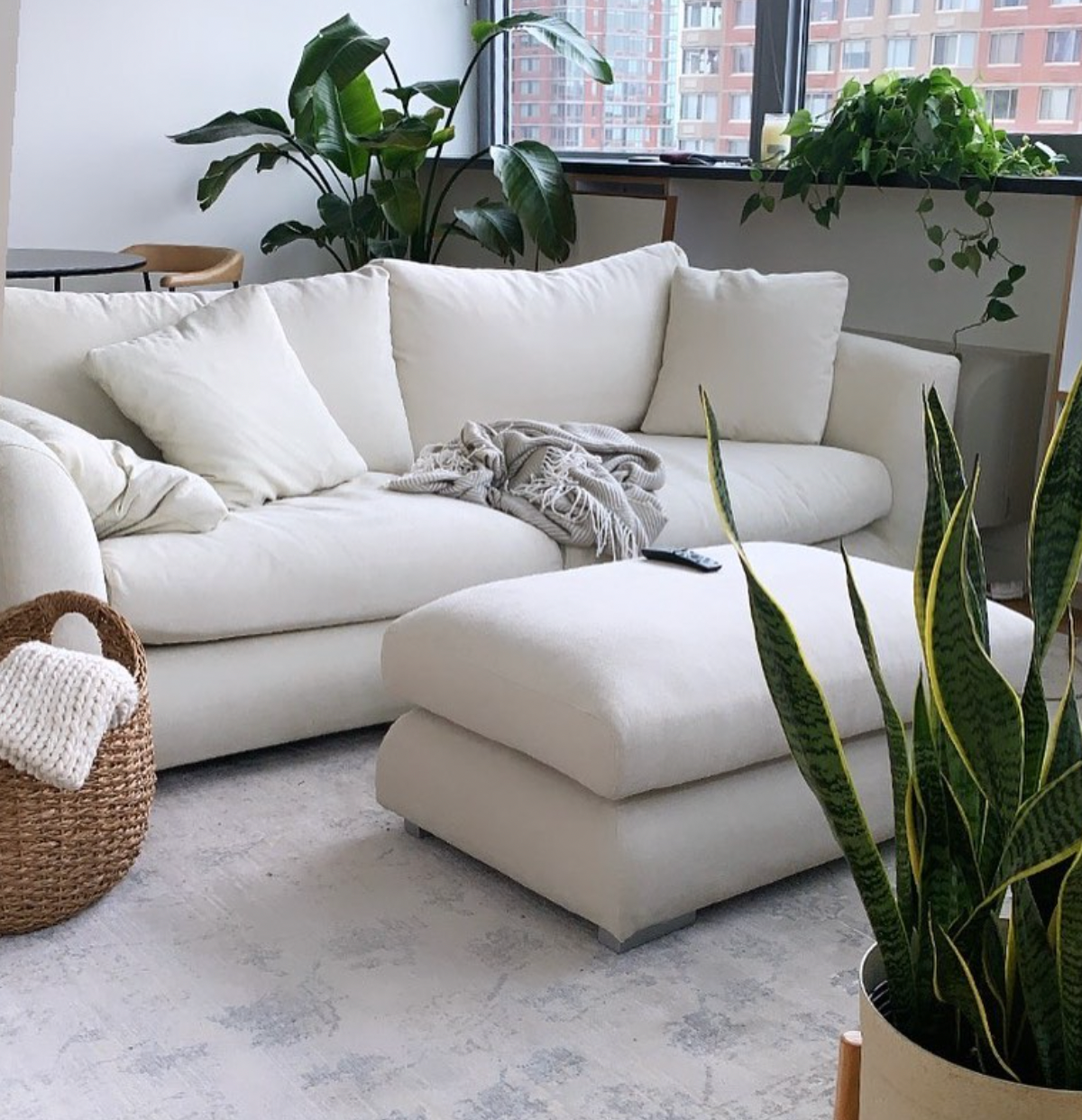 White sofa and wood coffee table in a customer home