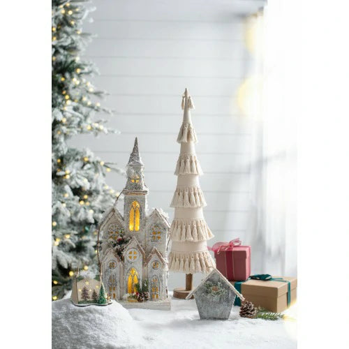 Fringed Cone Decor with Wooden Base