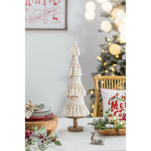 Fringed Cone Decor with Wooden Base