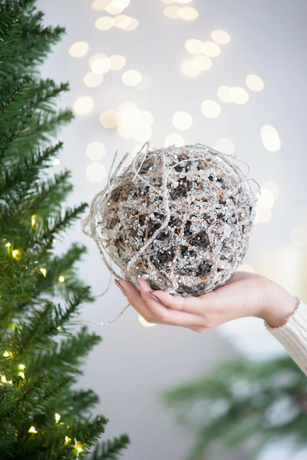 Frosted Christmas Ornaments Set of 4 Natural Sparkling Twig Balls
