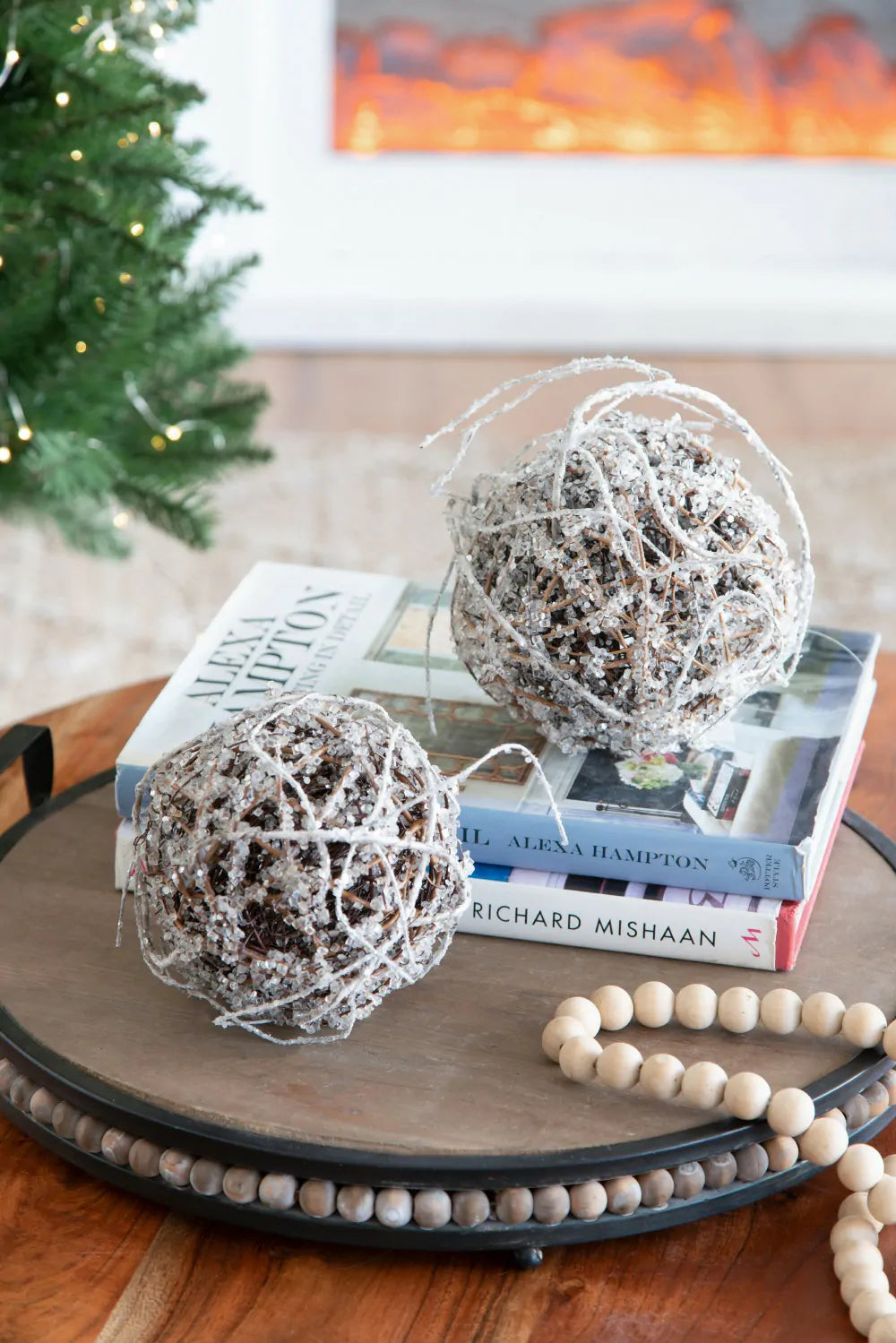 Frosted Christmas Ornaments Set of 4 Natural Twig Balls 5 Inch