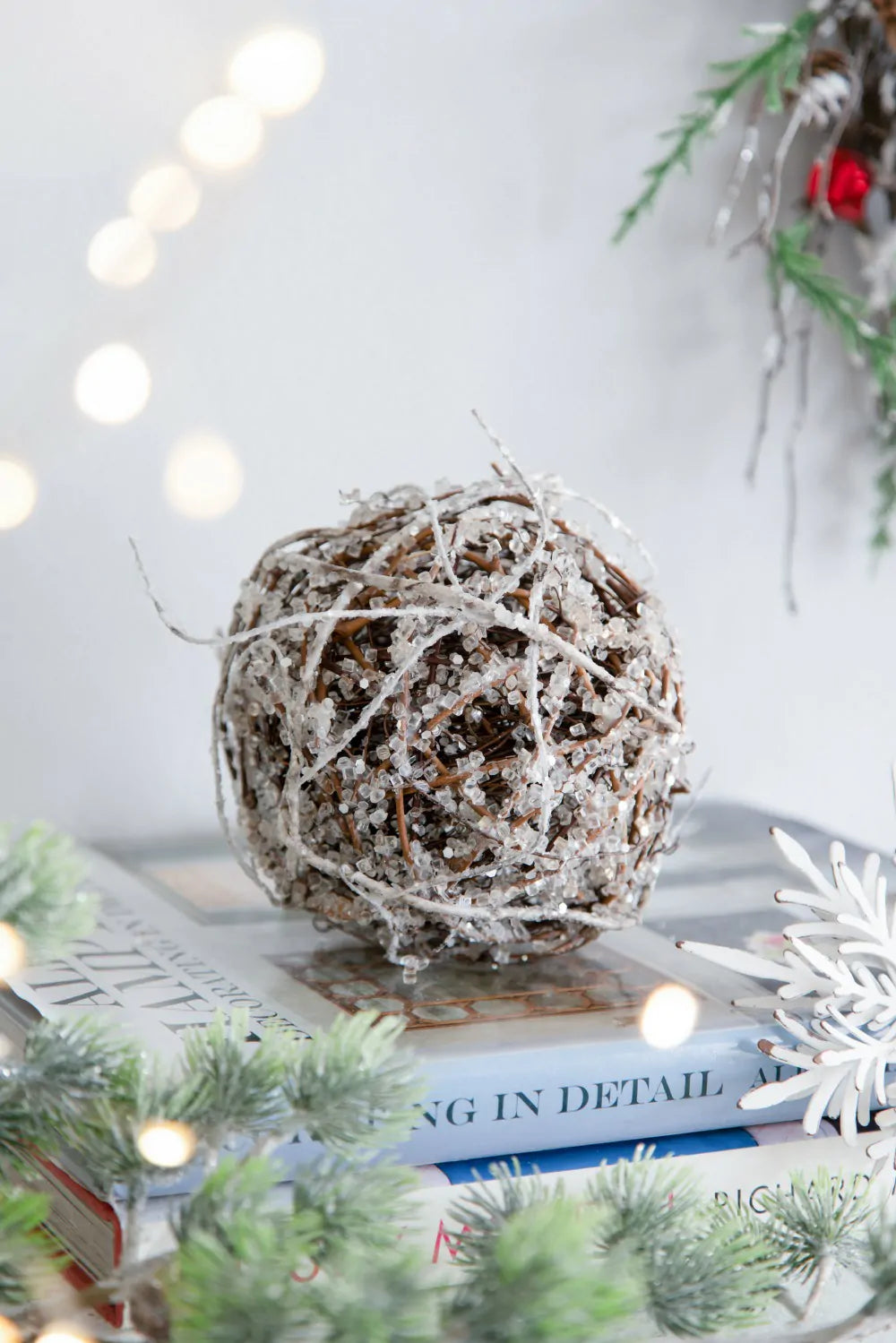 Frosted Christmas Ornaments Set of 4 Natural Twig Balls 5 Inch