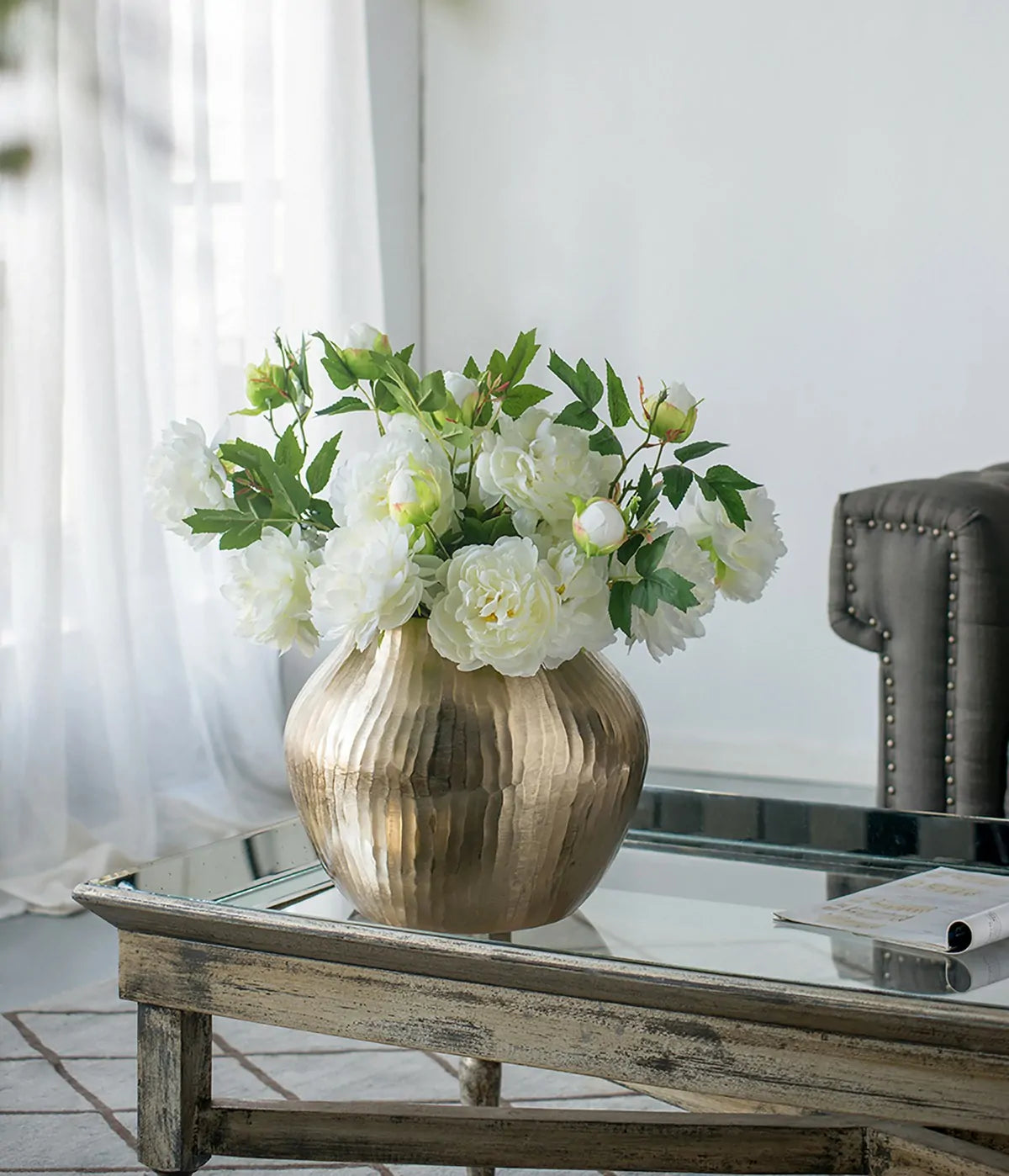 Gold Chiseled Aluminum Vase 11x11x9 Inch Modern Home Decor Centerpiece