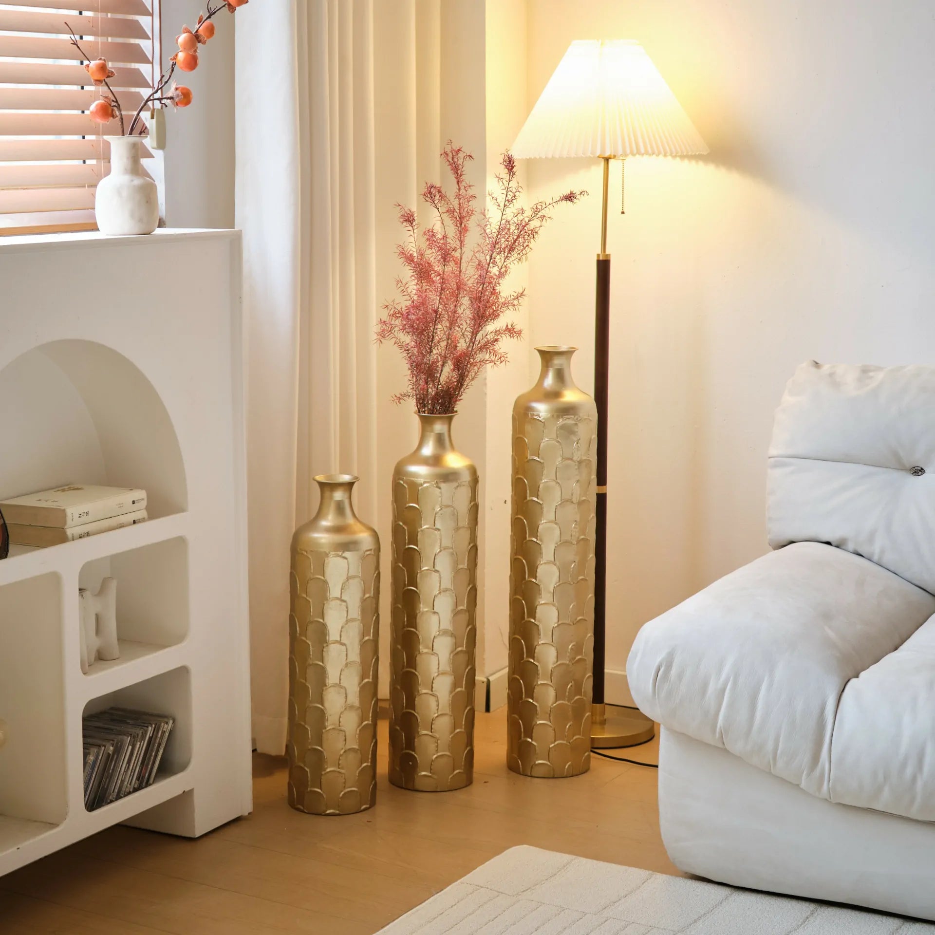 Gold Scale Texture Metal Floor Vases Set of 3 Modern Home Decor