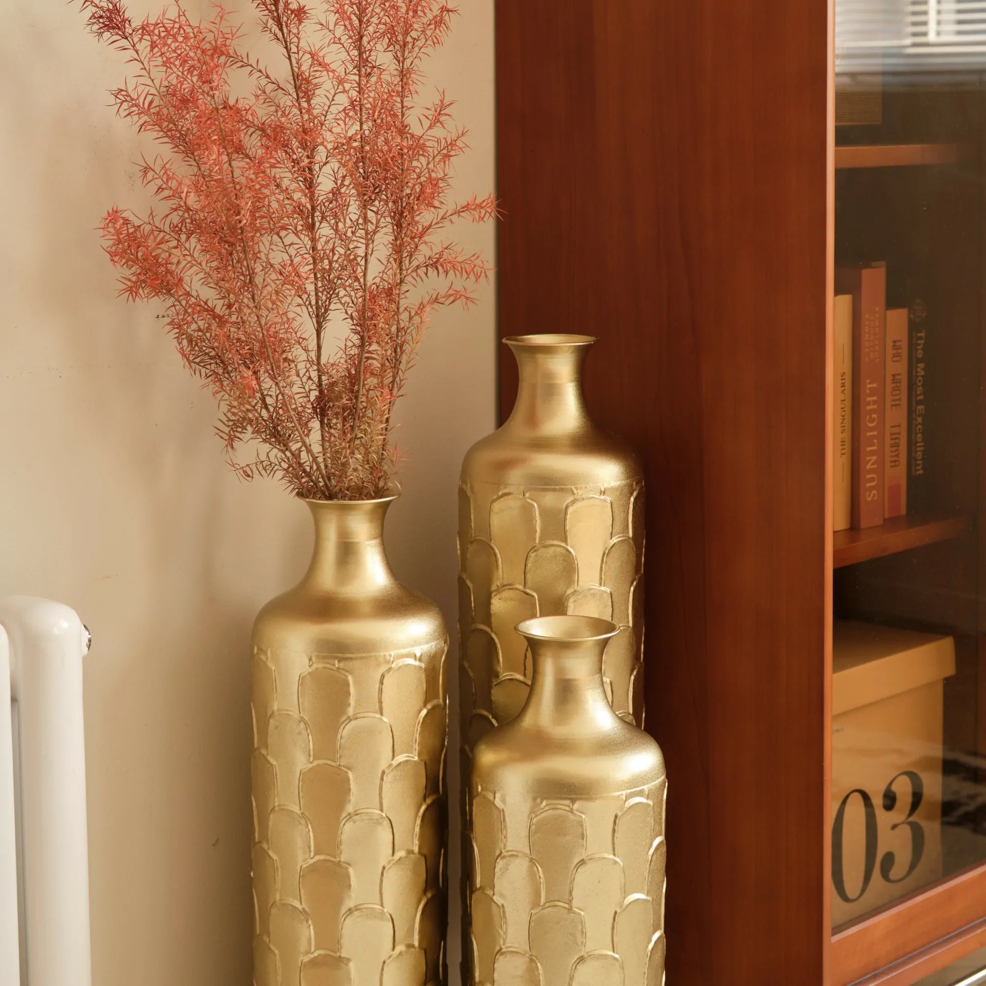 Gold Scale Texture Metal Floor Vases Set of 3 Modern Home Decor