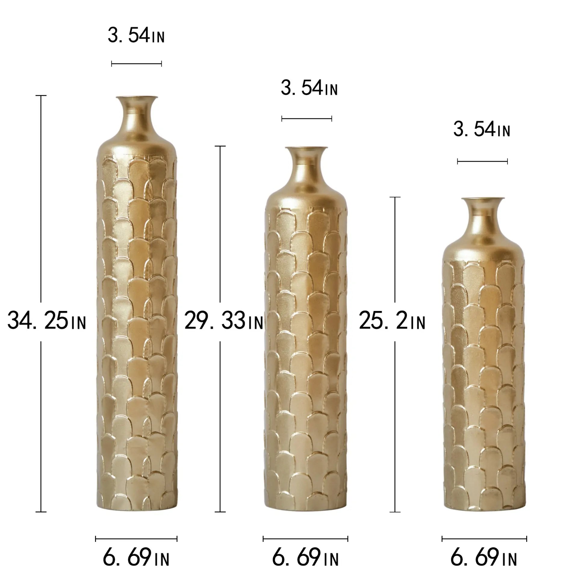 Gold Scale Texture Metal Floor Vases Set of 3 Modern Home Decor