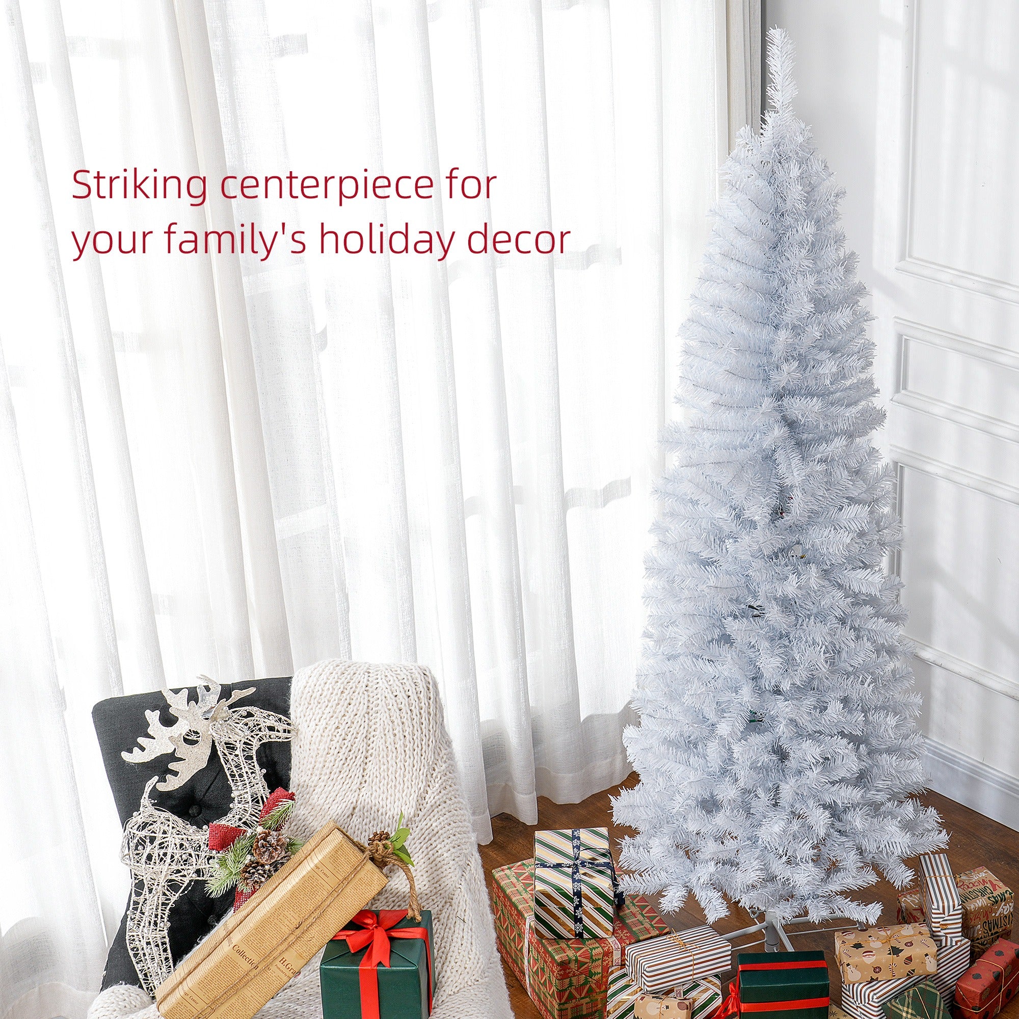 6ft Slim Artificial Christmas Tree, Unlit White Pencil Xmas Tree