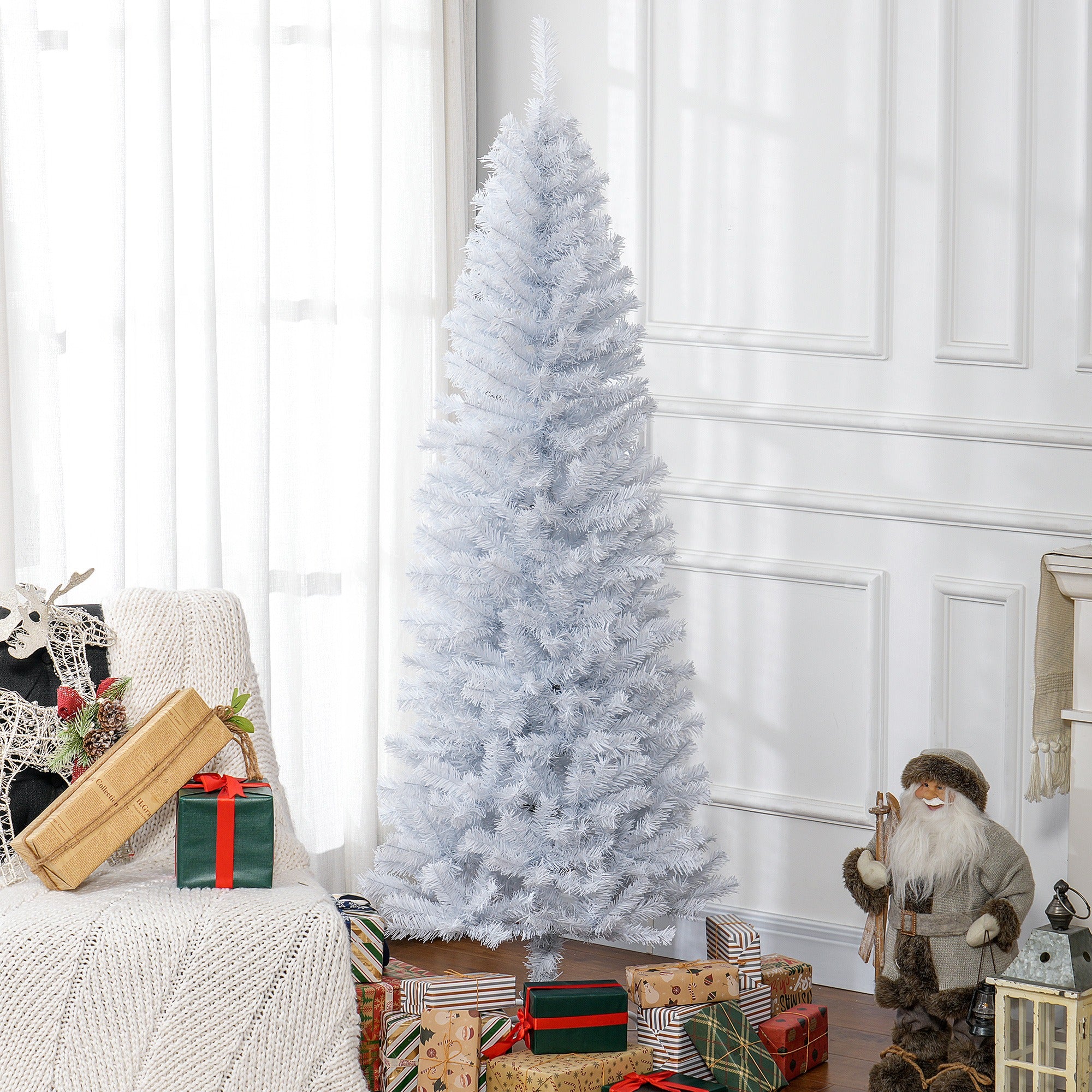 6ft Slim Artificial Christmas Tree, Unlit White Pencil Xmas Tree