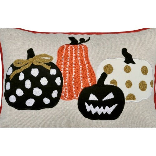 Halloween Pumpkin Embroidered Pillow – Polka Dot Linen Cushion