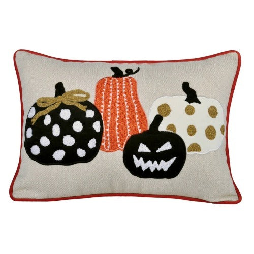 Halloween Pumpkin Embroidered Pillow – Polka Dot Linen Cushion