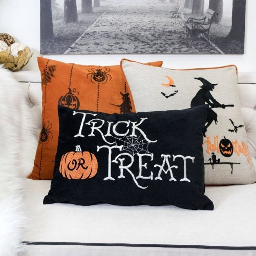 Halloween Trick or Treat Lumbar Pillow – Black Embroidered Cushion