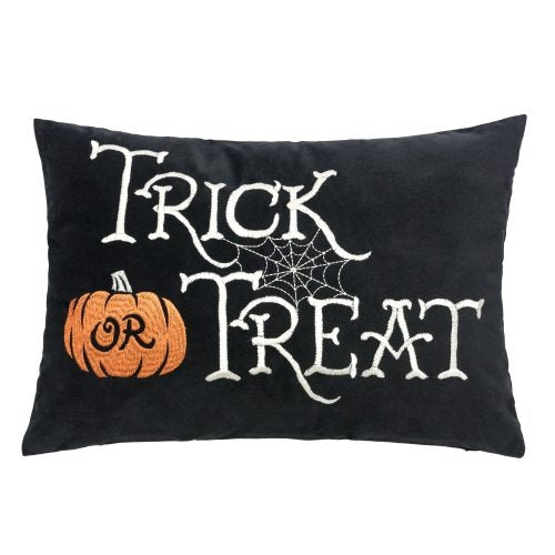 Halloween Trick or Treat Lumbar Pillow – Black Embroidered Cushion