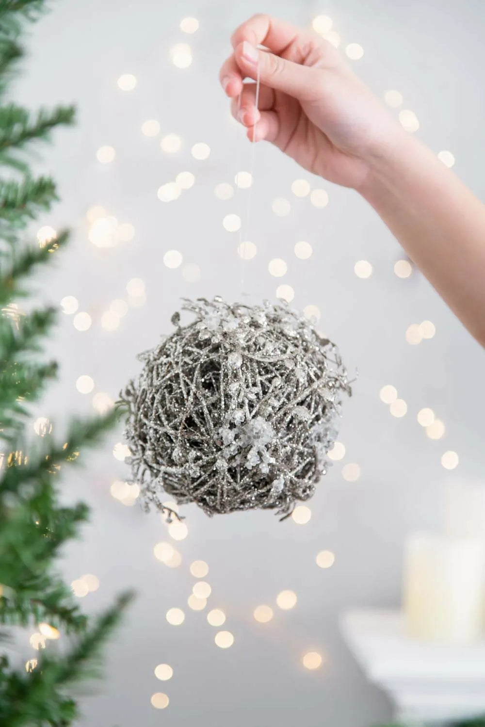 Iced Christmas Ornaments Set of 6 with Frosted Leaves and Twigs