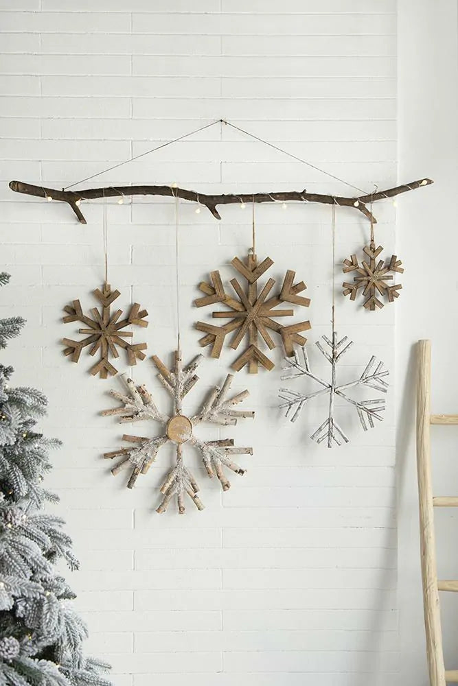 Large Wood Snowflake Ornaments  Set of 2 Hanging Decor for Holidays