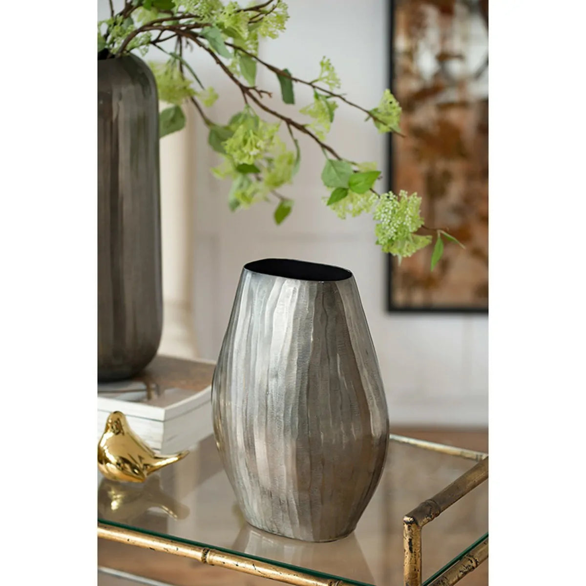 Layered Aluminum Oval Vase 12 Inch Modern Sculptural Centerpiece Decor