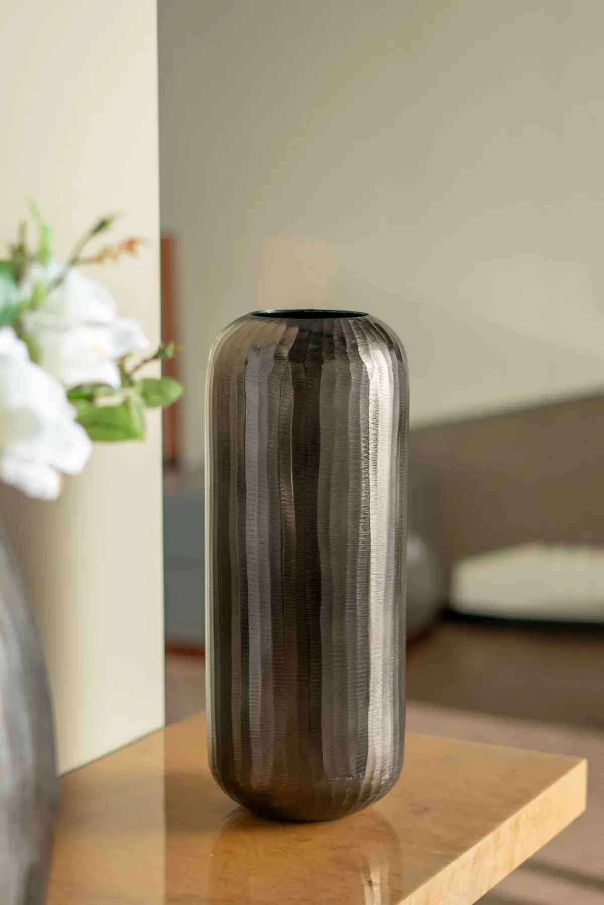 Layered Aluminum Oval Vase 17 Inch Modern Sculptural Floor Decor