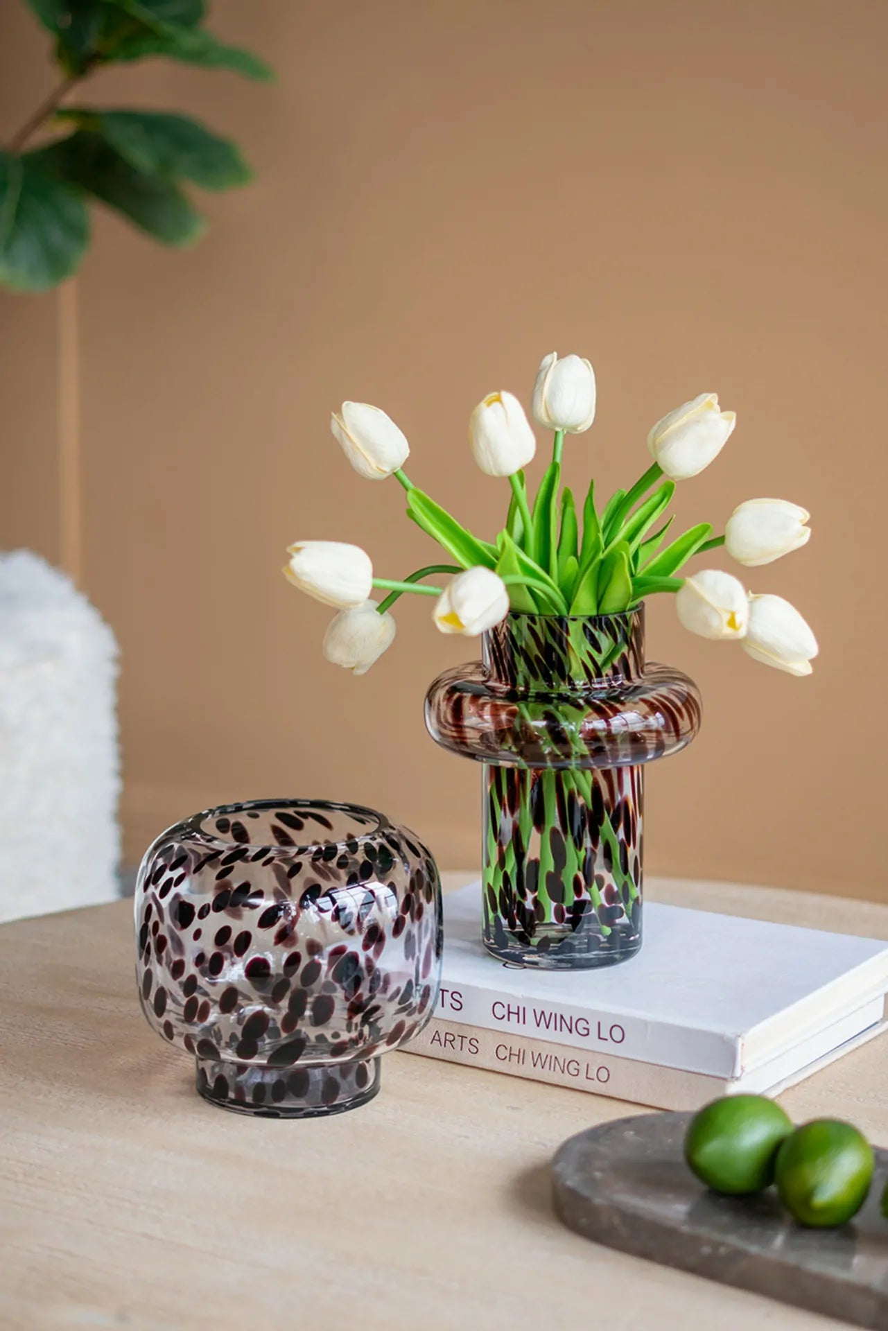 Modern Glass Vase with Artistic Amber Spots 6x8 Inch Home Accent Piece