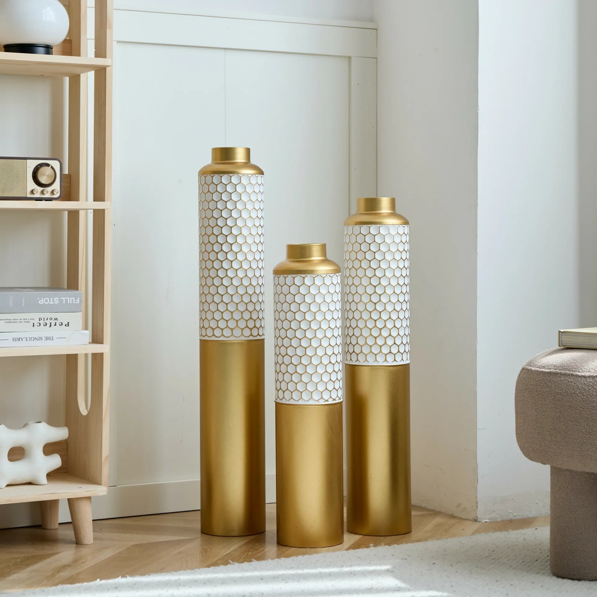 Modern White Droplet Floor Vase Set of 3 with Gold Base