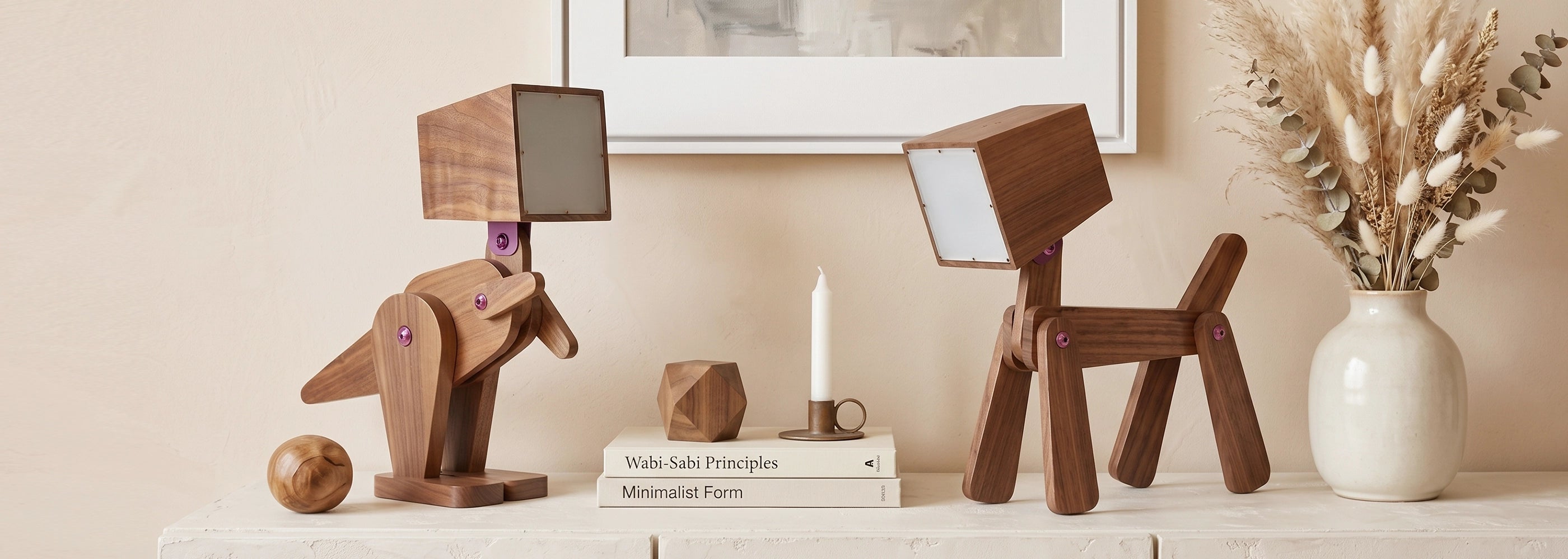 Two animal-shaped lamps on a shelf with decorative items.