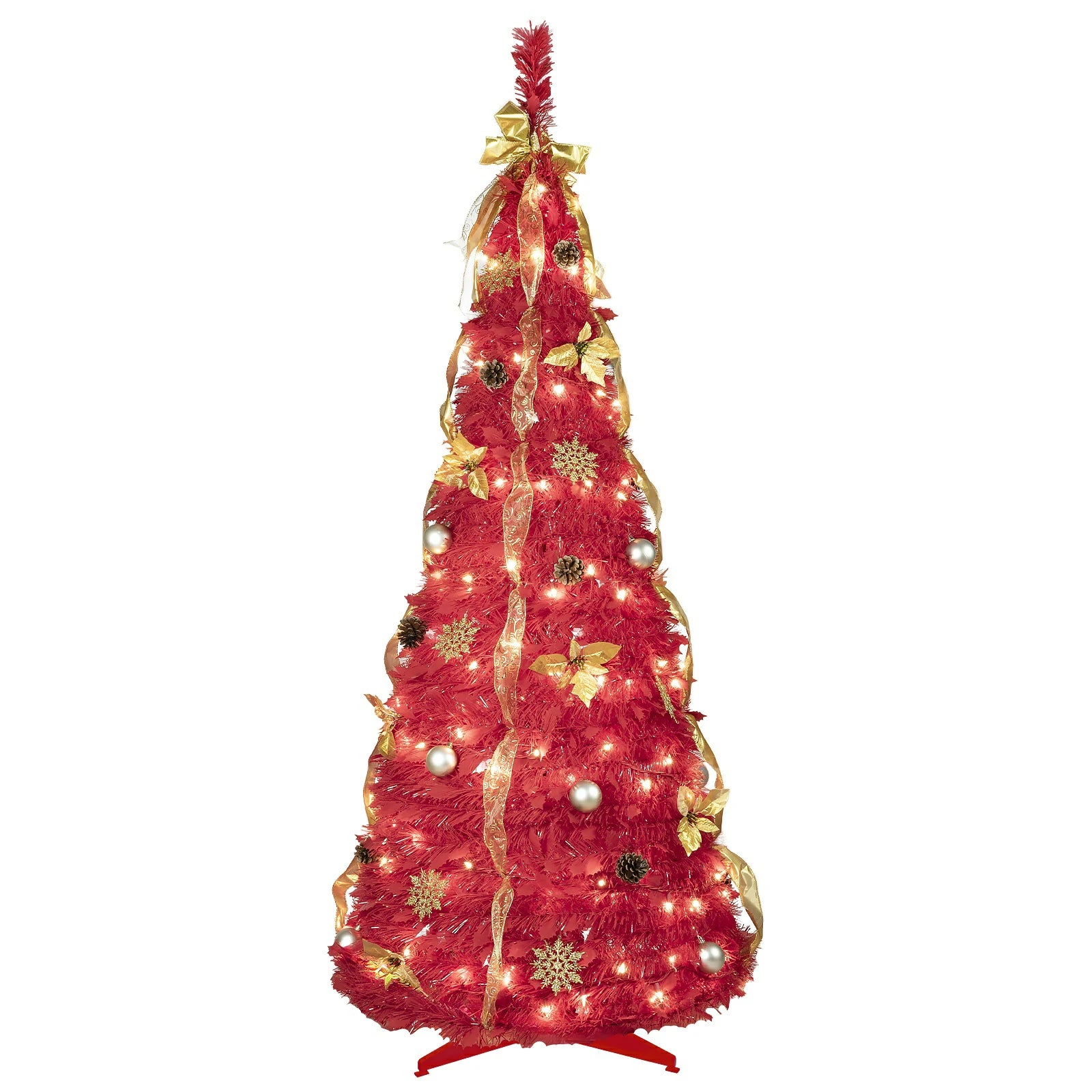 Red Pop-Up Christmas Tree with 150 LED Lights & Ornaments