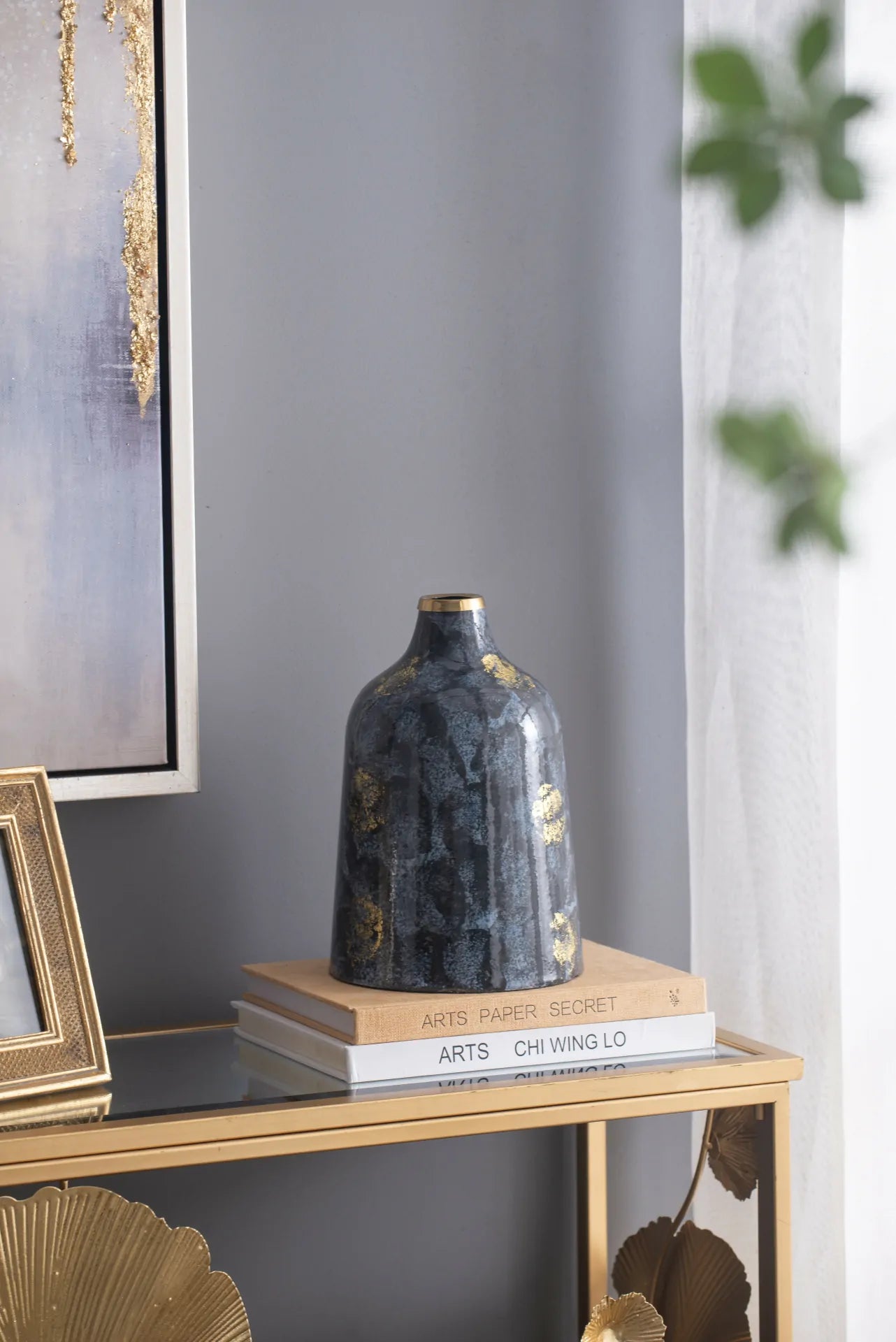 Royal Blue and Gold Glass Vase 10.2 Inch Elegant Home Decor Centerpiece