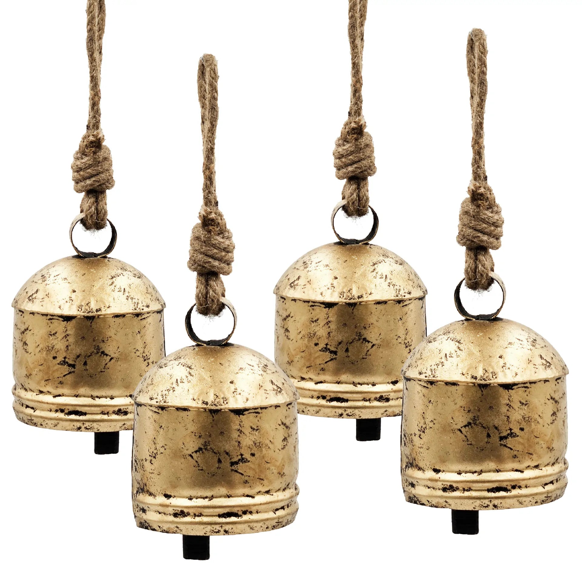 Rustic Bell Ornaments Set of 4 in Distressed Gold Iron Finish