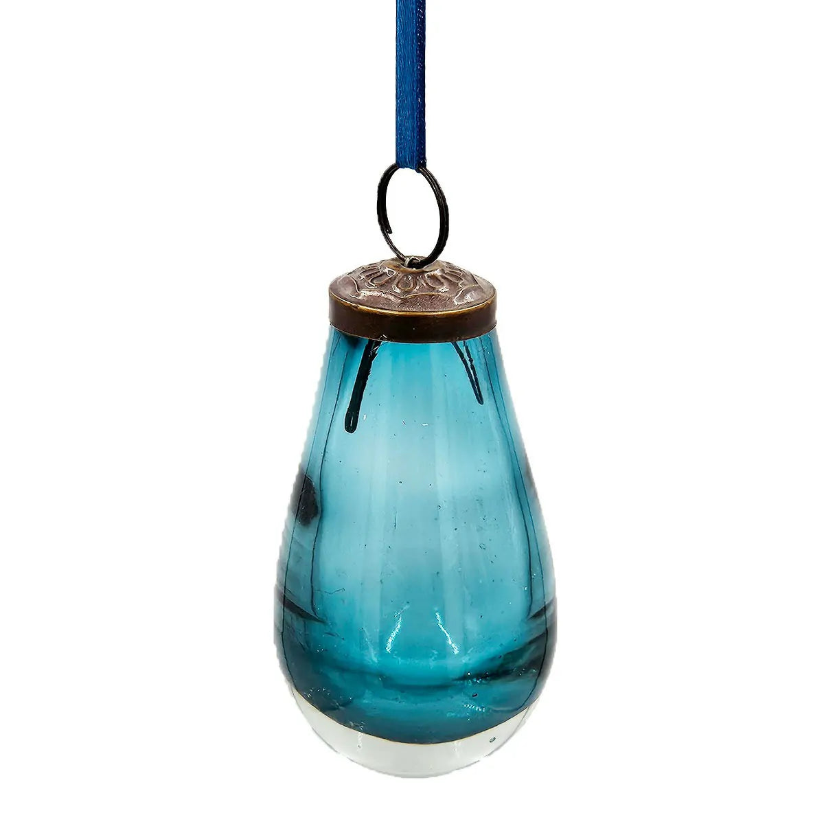 Set of 12 Teal Teardrop Glass Ornaments with Antique Bronze Top 3.7 Inch