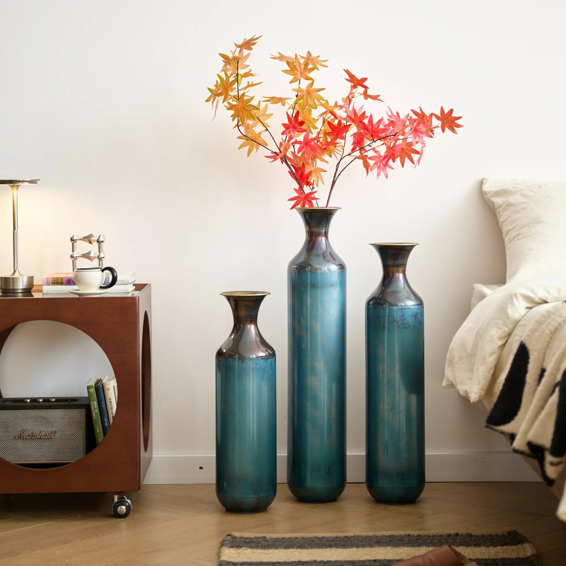 Set of 3 White Droplet Metal Floor Vases Modern Glazed Home Decor