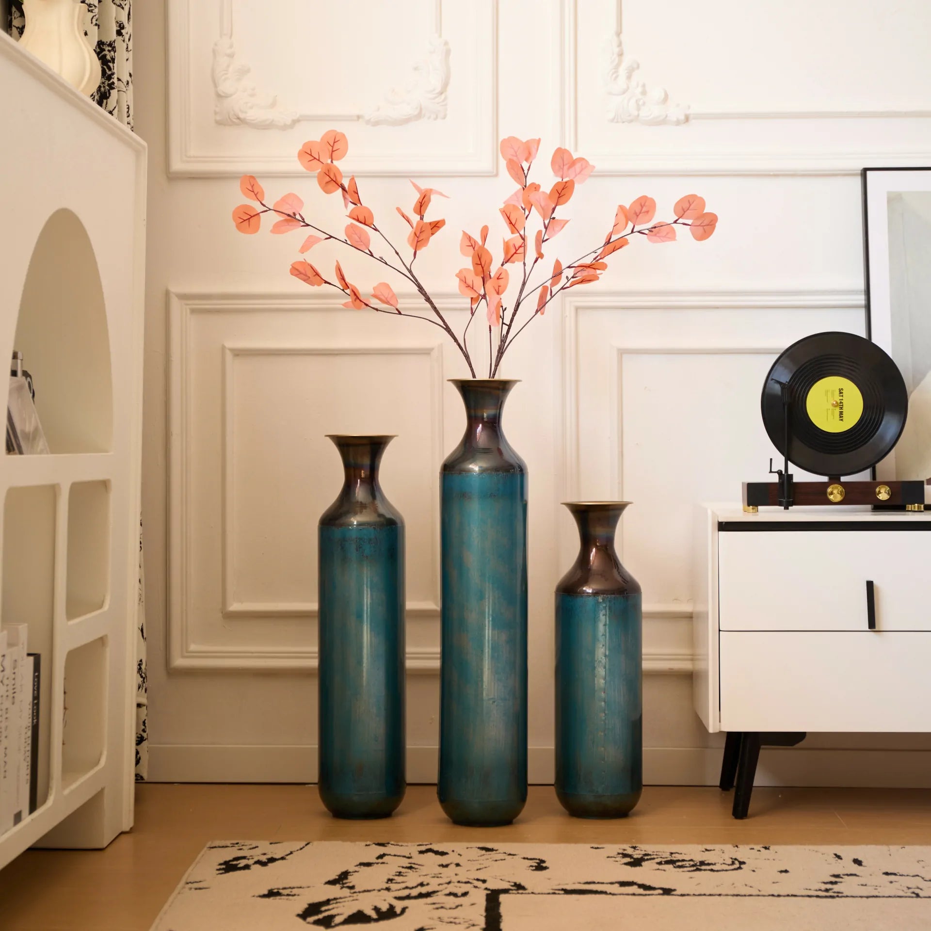 Set of 3 White Droplet Metal Floor Vases Modern Glazed Home Decor