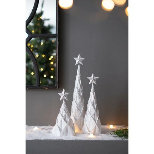 Set of 3 White Silver Resin Christmas Trees with Star Top