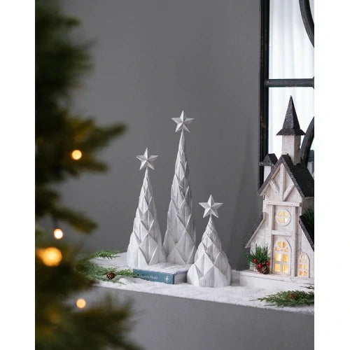 Set of 3 White Silver Resin Christmas Trees with Star Top