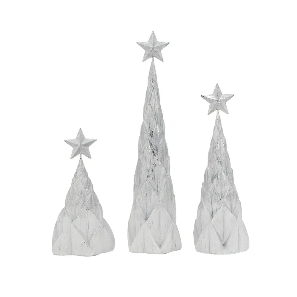 Set of 3 White Silver Resin Christmas Trees with Star Top
