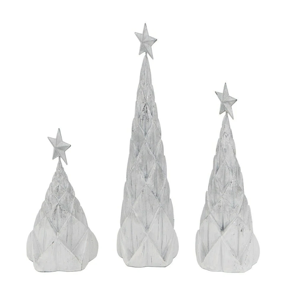 Set of 3 White Silver Resin Christmas Trees with Star Top