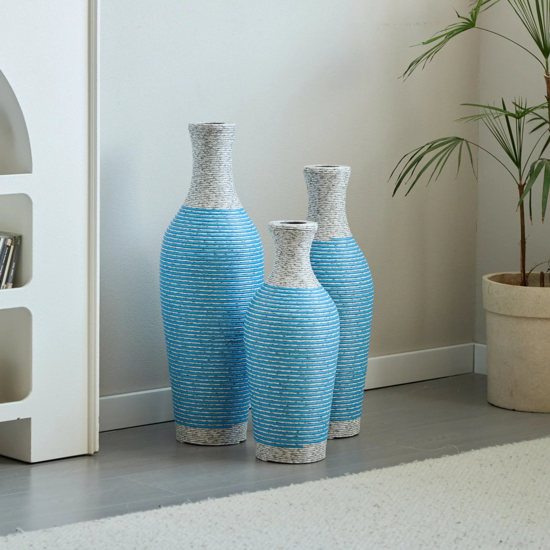 Set of 3 Woven Texture Floor Vases in Blue and White Modern Home Decor