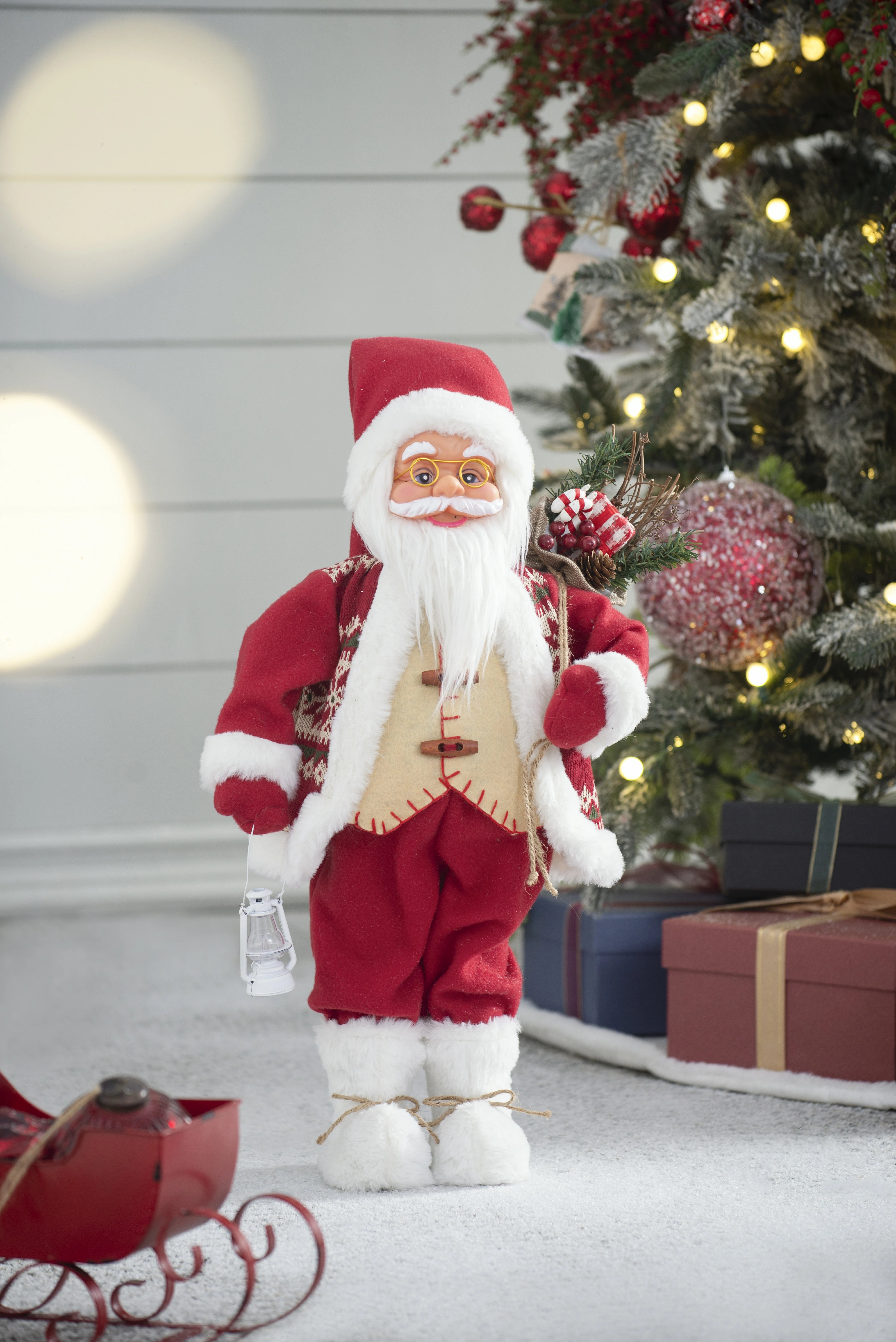 Standing Santa with Lantern & Bag, Red White