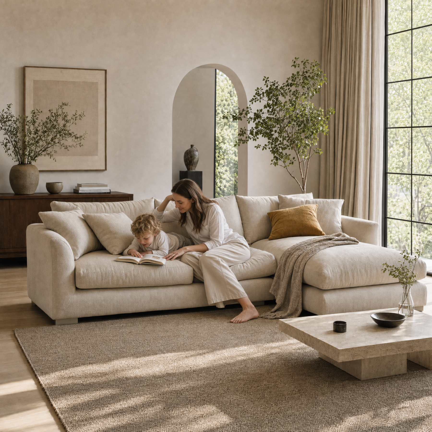 A Valyou modular sofa in a bright, lived-in home with mother and kid on it.