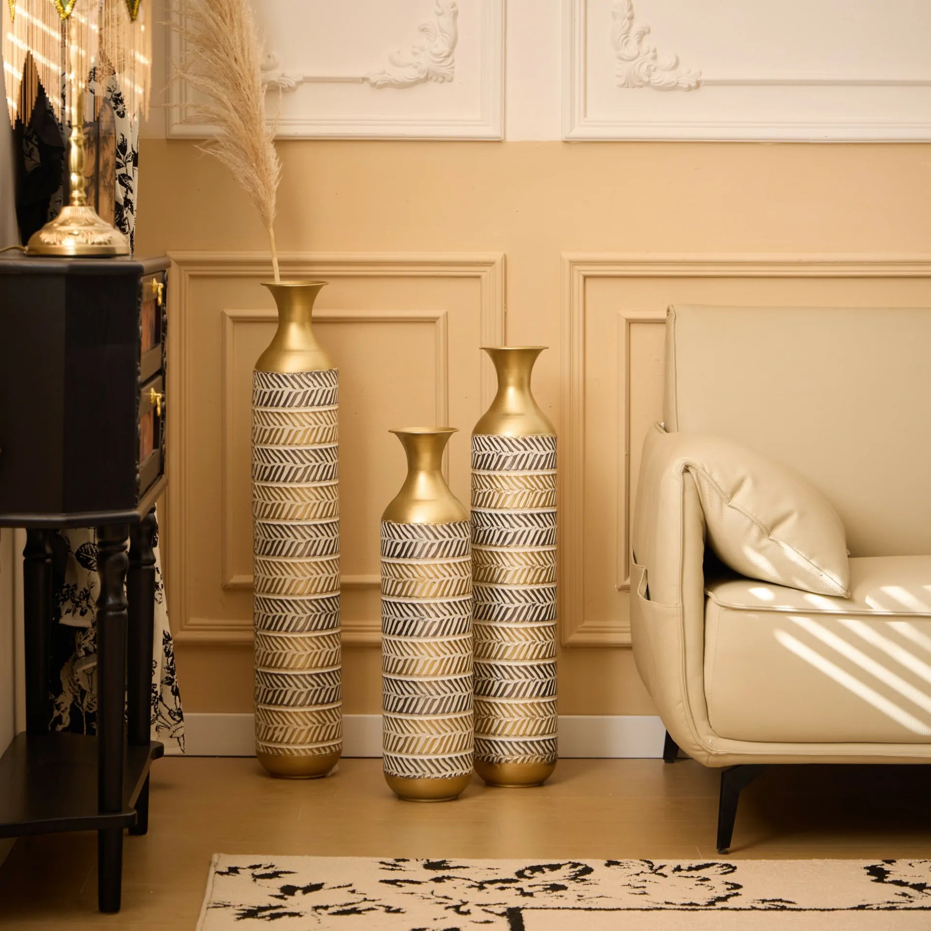 Vintage Grey Metal Floor Vase Set of 3 Oversized Farmhouse Decor with Pampas