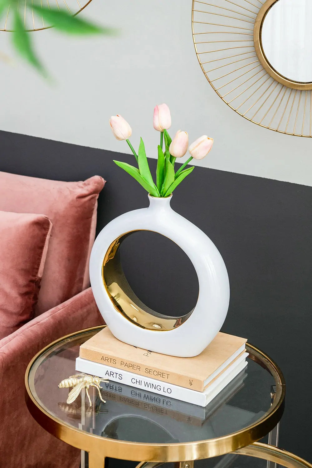 White Ceramic Ring Vase with Gold Accents 12 Inch Modern Home Decor