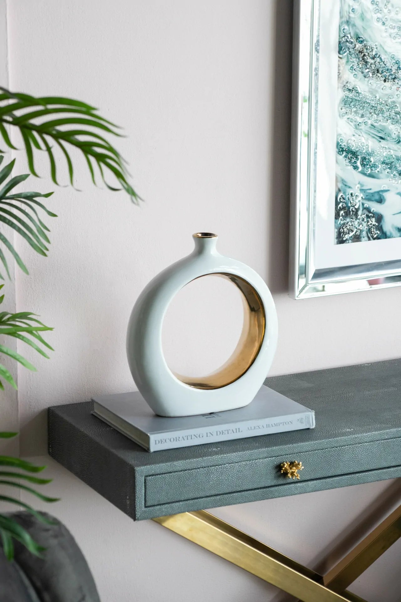 White Ceramic Ring Vase with Gold Accents 12 Inch Modern Home Decor