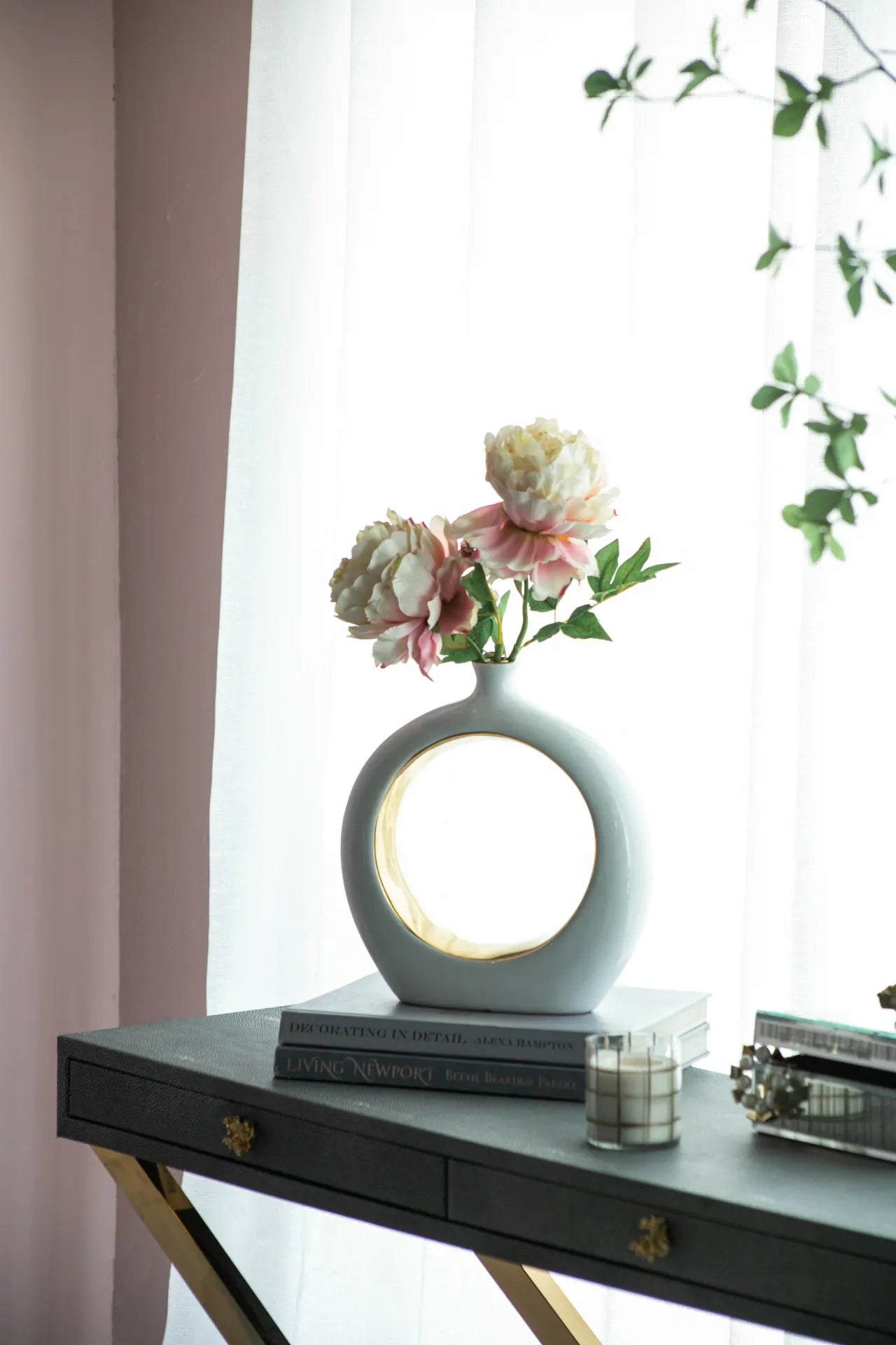 White Ceramic Ring Vase with Gold Accents 12 Inch Modern Home Decor