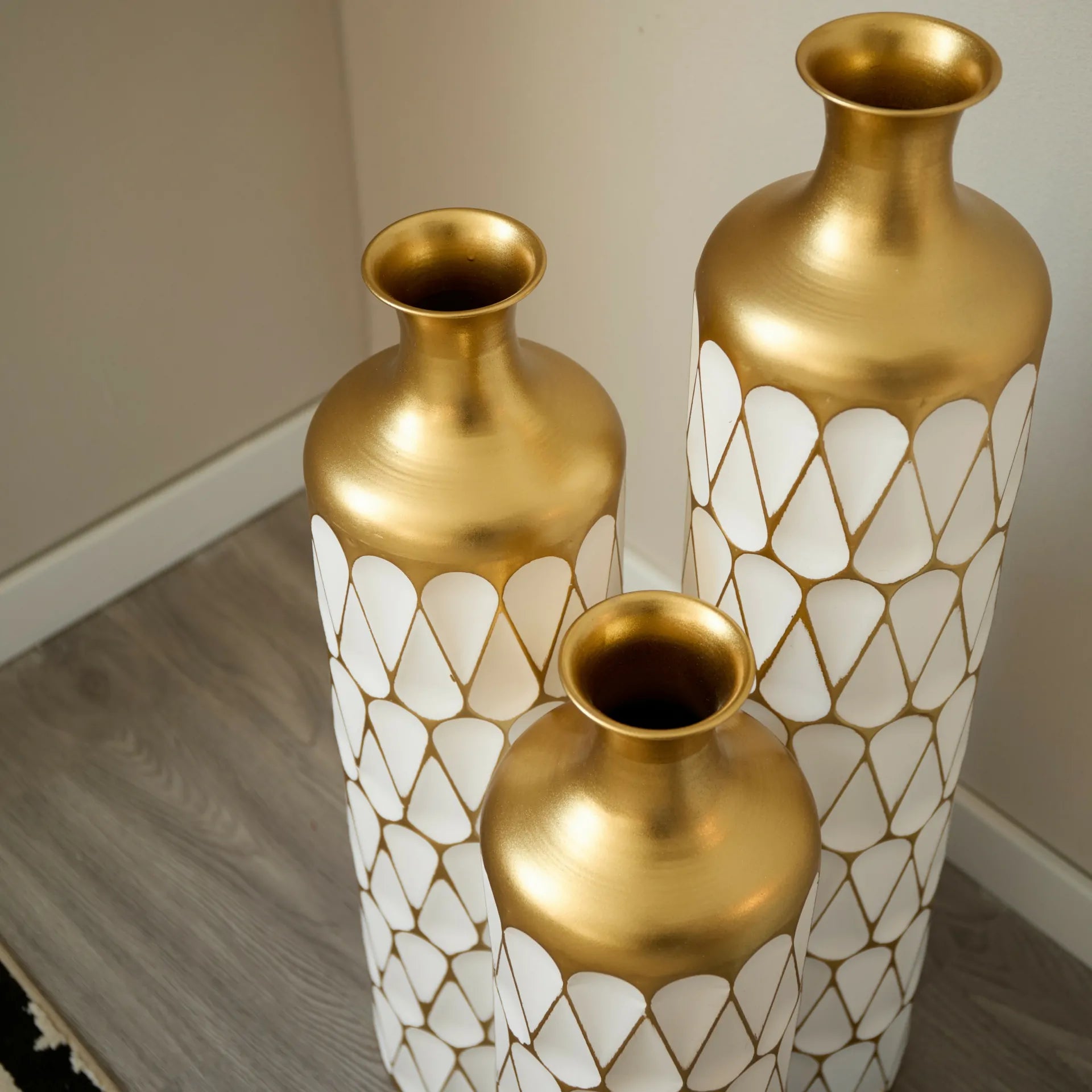 White Glazed Metal Droplet Vase Set of 3 Modern Floor Decor with Gold Trim