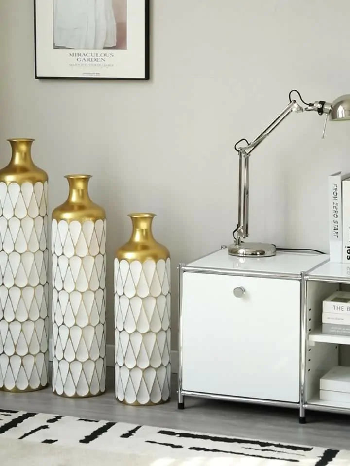 White Glazed Metal Droplet Vase Set of 3 Modern Floor Decor with Gold Trim