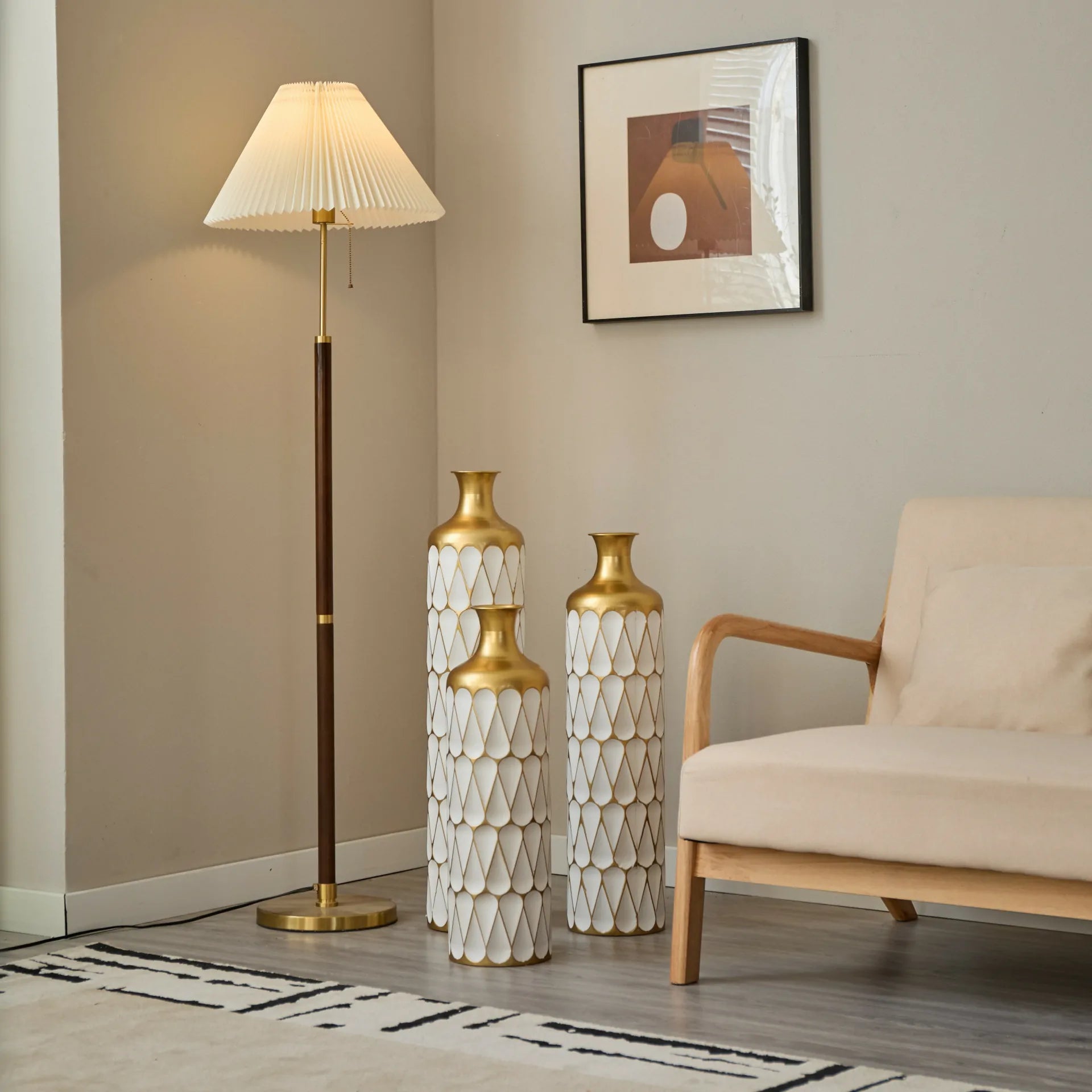 White Glazed Metal Droplet Vase Set of 3 Modern Floor Decor with Gold Trim