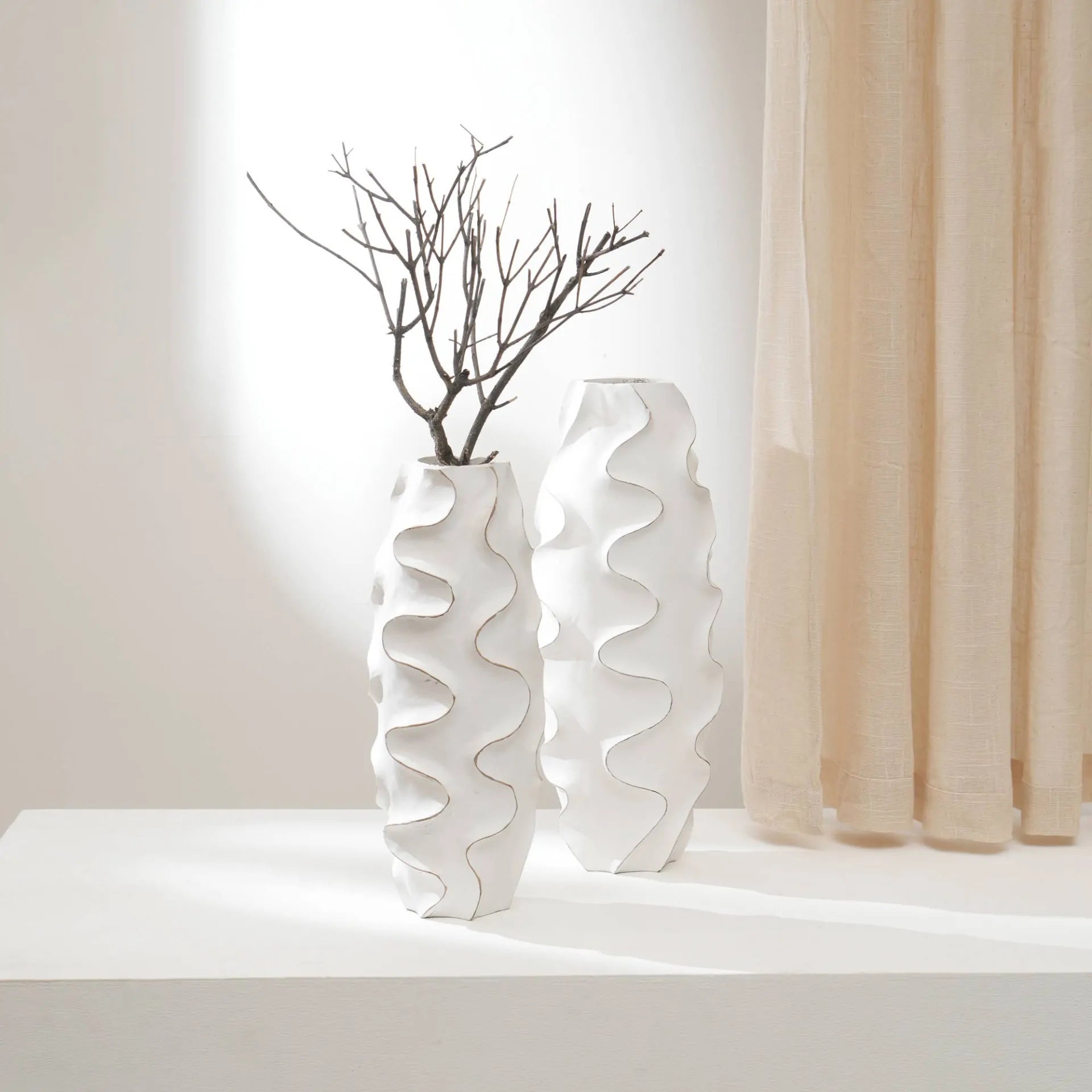 White Ribbed Wood Vase 15.5 Inch Handcrafted Sustainable Home Decor