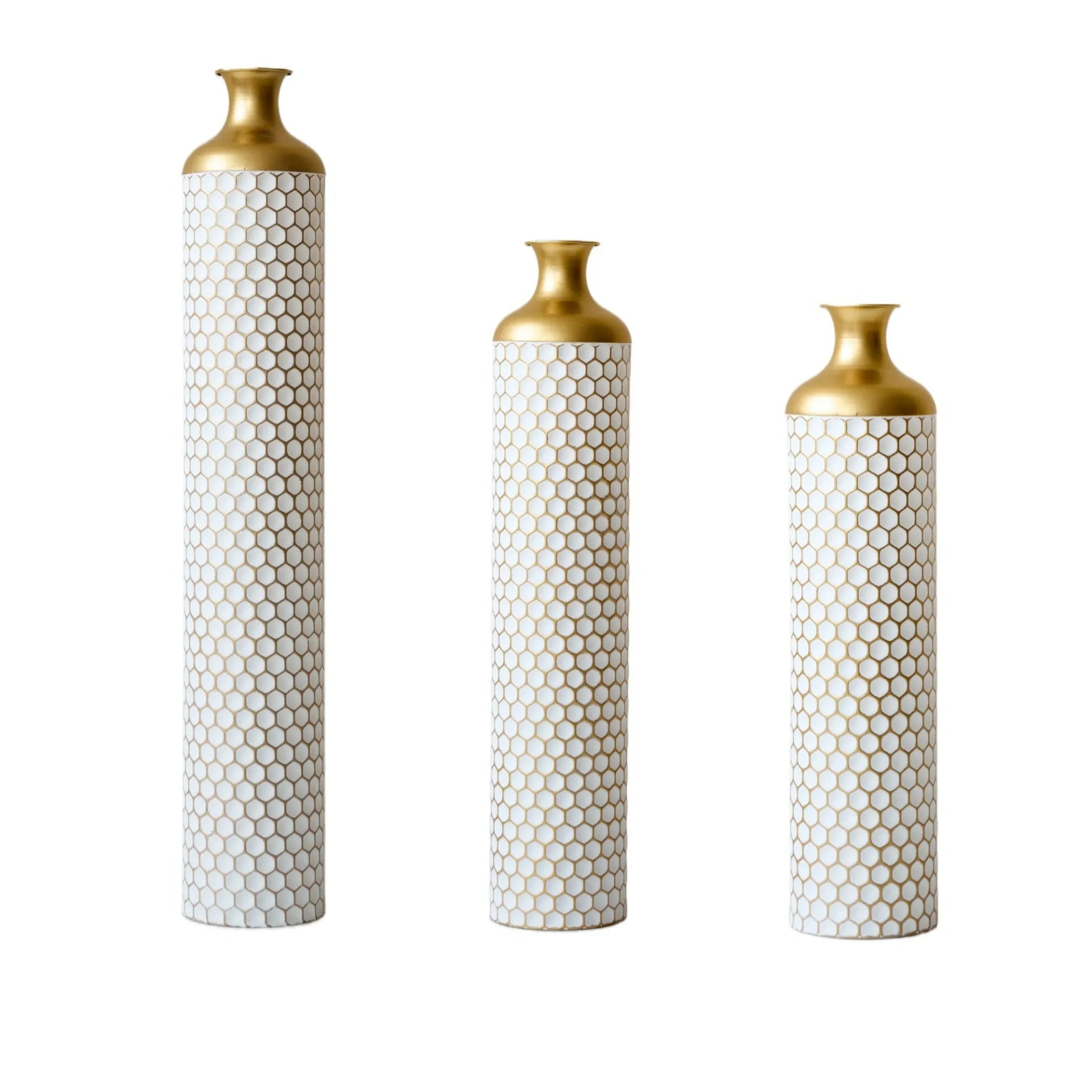 White Mosaic Texture Metal Floor Vases Set of 3 Droplet Shape with Gold Necks