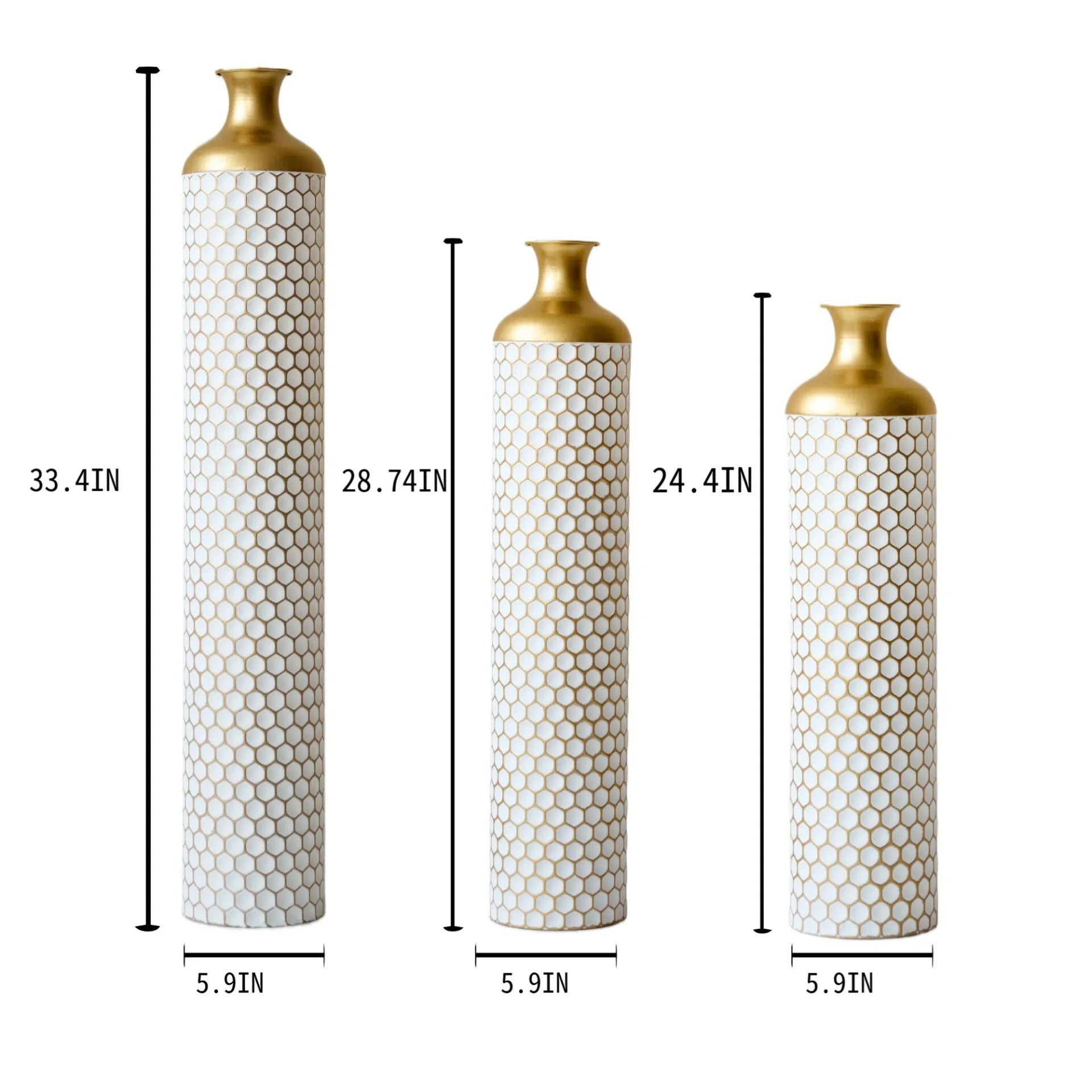 White Mosaic Texture Metal Floor Vases Set of 3 Droplet Shape with Gold Necks